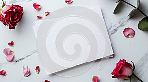 Sloppy light background in grunge style with rose petals and blank note. White blank greeting card.