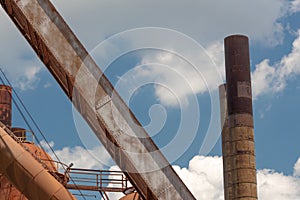Sloss Furnaces National Historic Landmark, Birmingham Alabama USA, smoke stacks pipes and chute, rusting steel construction
