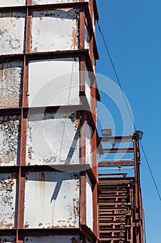Sloss Furnaces National Historic Landmark, Birmingham Alabama USA, towers of rusting metal against a blue sky