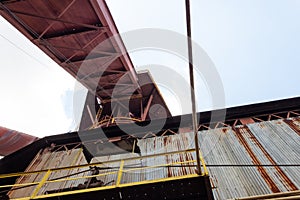 Sloss Furnaces National Historic Landmark, Birmingham Alabama USA, view of a material chute from underneath, manufacturing facilit