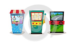 Slot or Arcade Machines Vector Set. Gaming Industry Equipment Collection
