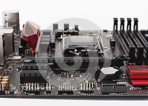 Slot for graphic card on new motherboard, isolated on white back