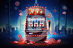 A slot machine with an array of red dice spinning, offering the chance to win exciting prizes and massive jackpots, Slot machine