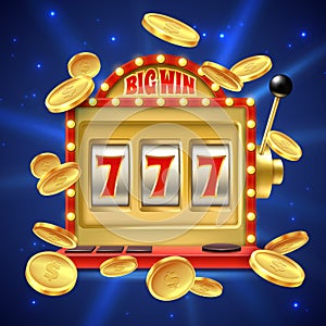 Slot machine. Big win in casino gamble, one lever armed bandit with numbers and machined reel. Fortune winning banner photo