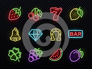 Slot machine bright neon vector symbols. Casino light gambling icons