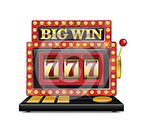 Slot machine for casino, lucky seven in gambling game isolated on white. Jackpot slot big win casino machine. Vector one