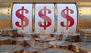 Slot machine in casino showing winning dollar signs and many coins. 3D rendered illustration.
