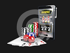 A slot machine with color playing chips, dice and poker cards. 3d Illustration