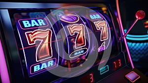 Slot Machine Displaying Lucky Sevens and Bar Symbols.