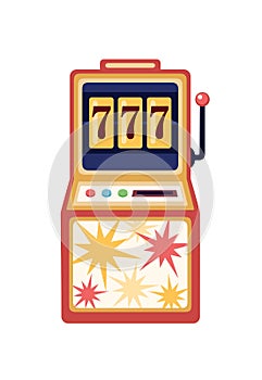 Slot machine flat vector illustration. Gambling, game of chance, casino. Lucky seven, jackpot, winning money. Colorful