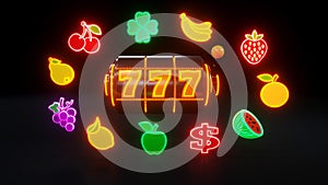 Slot Machine With Fruit Icons. Casino Gambling Concept With Neon Lights - 3D Illustration