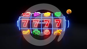 7777 Slot Machine With Fruit Icons. Casino Gambling Concept With Neon Lights - 3D Illustration photo