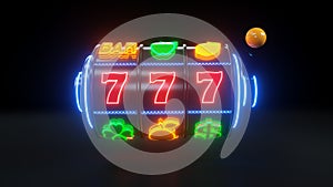 Slot Machine With Fruit Icons. Jackpot And Fortune. Casino Gambling Concept With Blue Neon Lights - 3D Illustration