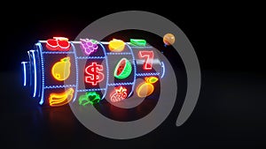 Slot Machine With Fruit Icons. Jackpot And Fortune. Casino Gambling Concept With Neon Lights - 3D Illustration