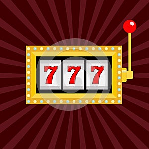 Slot machine. Golden color Glowing lamp light. 777 Jackpot. Lucky sevens. Red handle lever. Big win Online casino, gambling club s