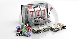 Slot machine on a laptop screen, cards, money and poker chips. 3d illustration