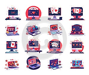 Slot machine laptops and monitors, online casino cartoon gambling vector colorful concepts. Hearts dice playing cards