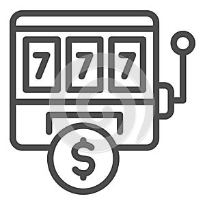 Slot machine line icon. Gambling, game with lucky sevens and dollar symbol, outline style pictogram on white background