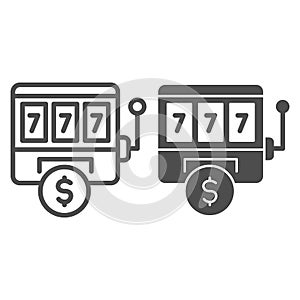 Slot machine line and solid icon. Gambling, game with lucky sevens and dollar symbol, outline style pictogram on white