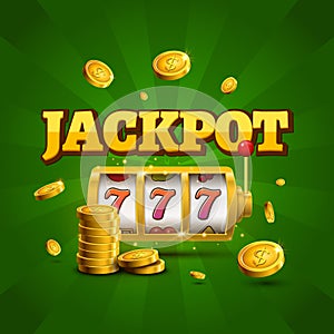 Slot machine lucky sevens jackpot concept 777. Vector casino game. Slot machine with money coins. Fortune chance jackpot