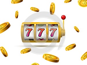 Slot machine lucky sevens jackpot concept 777. Vector casino game. Slot machine with money coins. Fortune chance jackpot