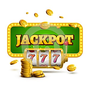 Slot machine lucky sevens jackpot concept 777. Vector casino game. Slot machine with money coins. Fortune chance jackpot