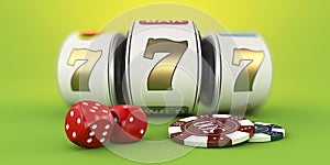 Slot machine with lucky sevens jackpot and dace with chips. Clipping path included. 3d Rendering