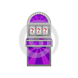 Slot machine with lucky symbol 777. Winner sign. Casino and entertainment theme. Flat vector element for banner or