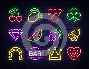 Slot machine is a neon sign. Collection of neon signs for a gaming machine. Game icons for casino. Vector Illustration