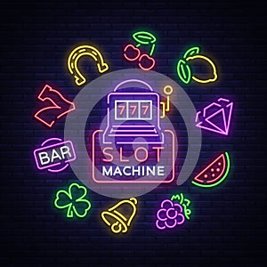 Slot machine is a neon sign. Collection of neon signs for a gaming machine. Game icons for casino. Vector Illustration
