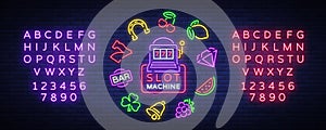 Slot machine is a neon sign. Collection of neon signs for a gaming machine. Game icons for casino. Vector Illustration