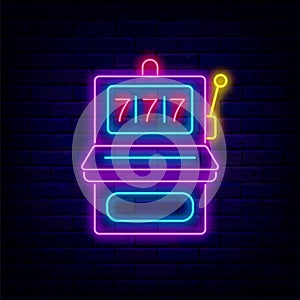 Slot machine neon sign. Shiny gambling symbol. Casino concept. Winner idea with sevens. Vector illustration