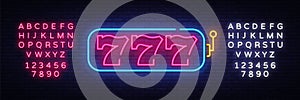 Slot Machine neon sign vector. 777 Slot Machine Design template neon sign, light banner, neon signboard, nightly bright