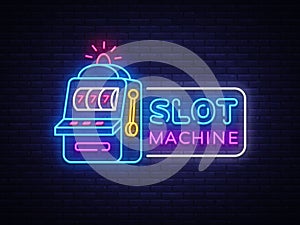 Slot Machine neon sign vector. Casino Design template neon sign, Slot Machine light banner, neon signboard, modern trend