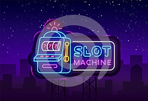 Slot Machine neon sign vector. Casino Design template neon sign, Slot Machine light banner, neon signboard, modern trend