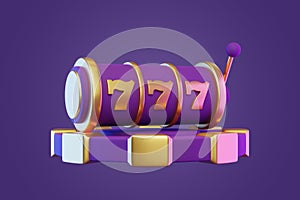 Slot machine with poker chip on a purple background