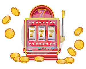 Slot machine in realistic style with coins. Lucky sevens 777. Casino Las Vegas jackpot