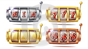 Slot Machine Set Vector. 777. Big Win Banner Element. Golden, Silver, Bronze. Spin Machine Template. Fortune Jackpot