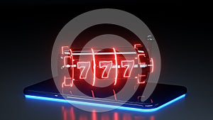 Slot Machine and Smart Phone Gambling Concept With Neon Lights Isolated On The Black Background - 3D Illustration