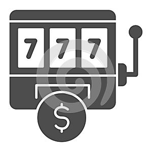 Slot machine solid icon. Gambling, game with lucky sevens and dollar symbol, glyph style pictogram on white background