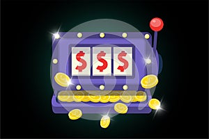 Slot machine symbol. Online casino one-armed bandit icon on dark background. Jackpot big win concept. Risky