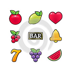 Slot machine symbols icons set. Casino gambling slot machine icons of fruit lemon seven bell