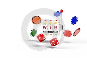 Slot machine with the text WIN, chips and dice isolated on white background. 3d illustration