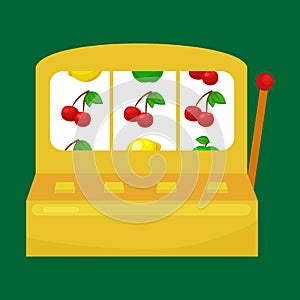Slot machine with three seven s on green background. win gambling casino icon, risk and play in , vector