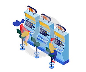 Slot machines playing isometric vector illustration. Gamblers playing one arm bandit, winning jackpot 3d characters