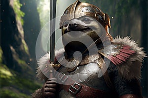 Sloth animal portrait dressed as a warrior fighter or combatant soldier concept. Ai generated
