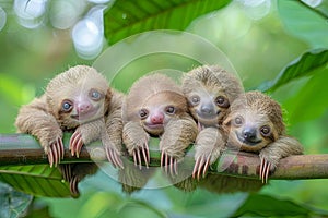 Sloth Baby group of animals hanging out on a branch, cute, smiling, adorable Generative AI