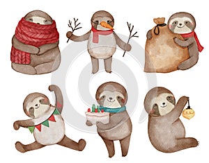 Sloth bear . Christmas theme . Watercolor paint cartoon characters . Isolated . Set 4 of 4 . illustration