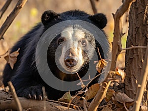 Sloth bear Melursus ursinus Ranthambore National Park India. Wild Sloth bear staring directly at camera wildlife photo