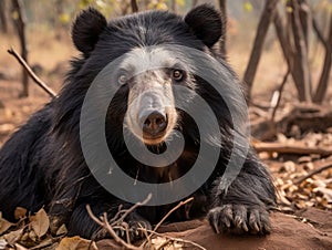 Sloth bear Melursus ursinus Ranthambore National Park India. Wild Sloth bear staring directly at camera wildlife photo